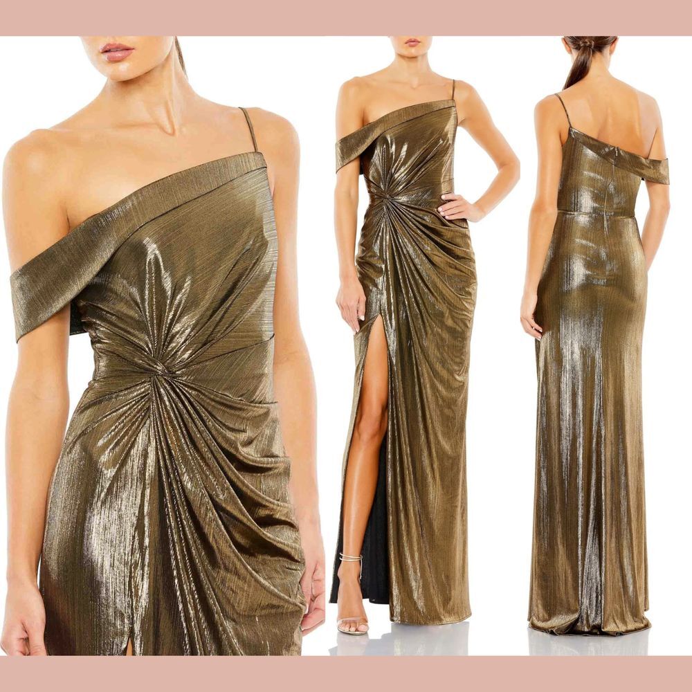 NWT IEENA MAC DUGGAL‎ [ 10 ] 26728 Metallic Off The Shoulder Gown Gold